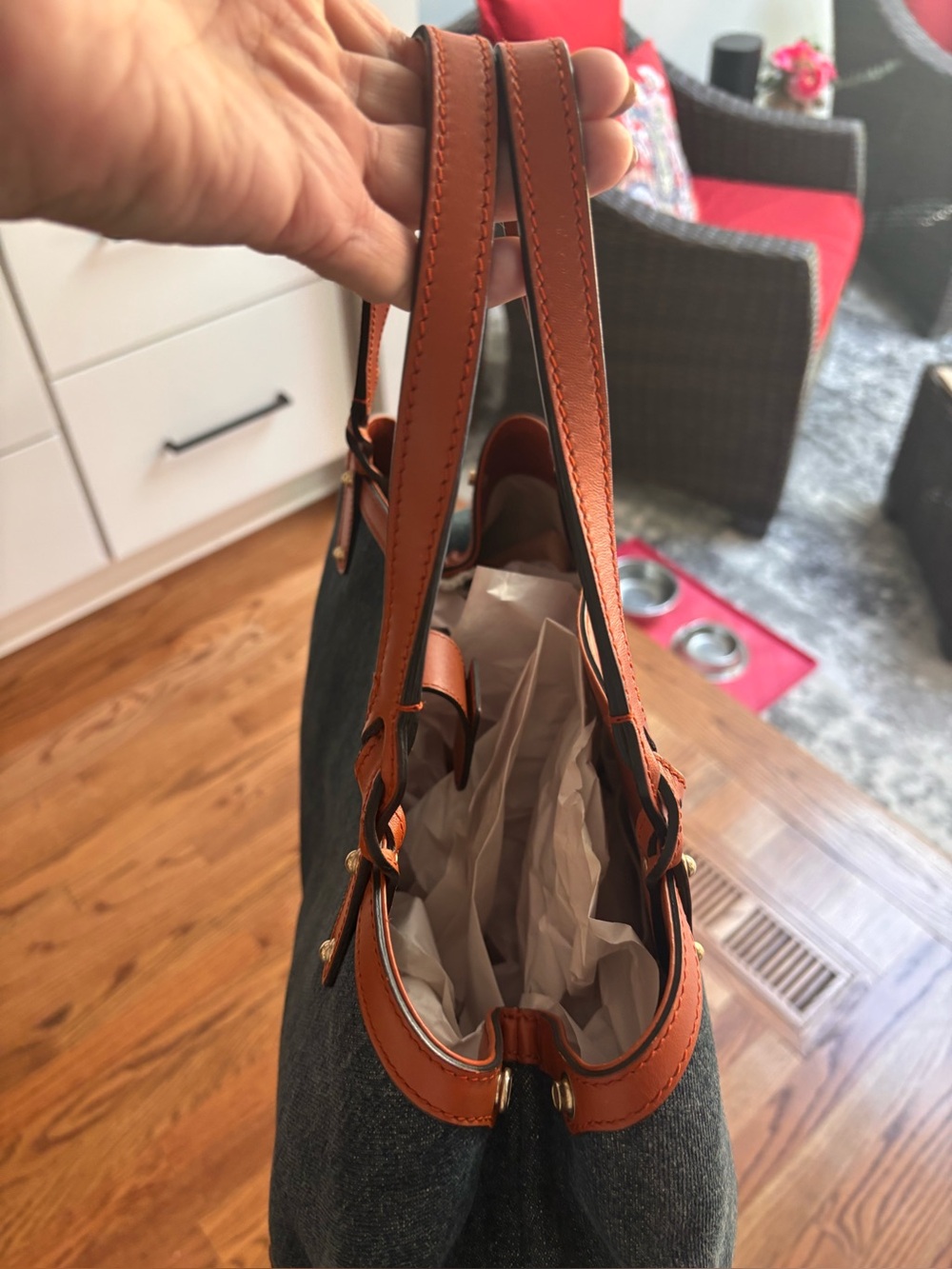 Gucci Dark Denim Tote with Tan Leather Trim and Orange Logo - Picture 2 of 10